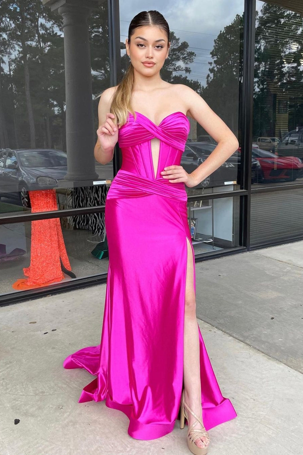 Luolandi Mermaid Fuchsia Corset Prom Dress With Slit Off Shoulder Sexy Evening Dress